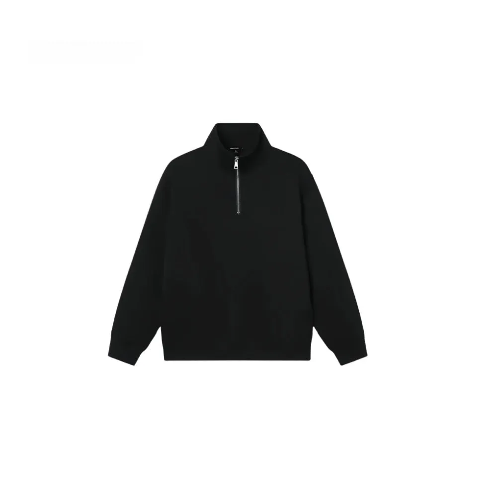 Grey half zip stand collar cotton sweater for men and women on a hanger.