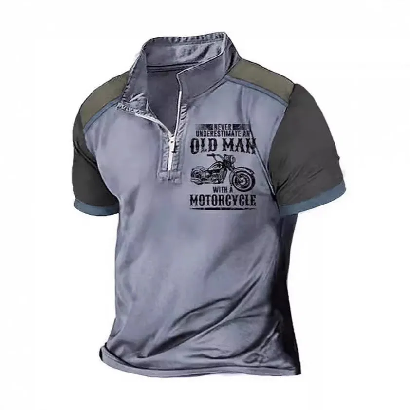 Men's casual polo shirt with lapel collar and black letter digital printing on chest.