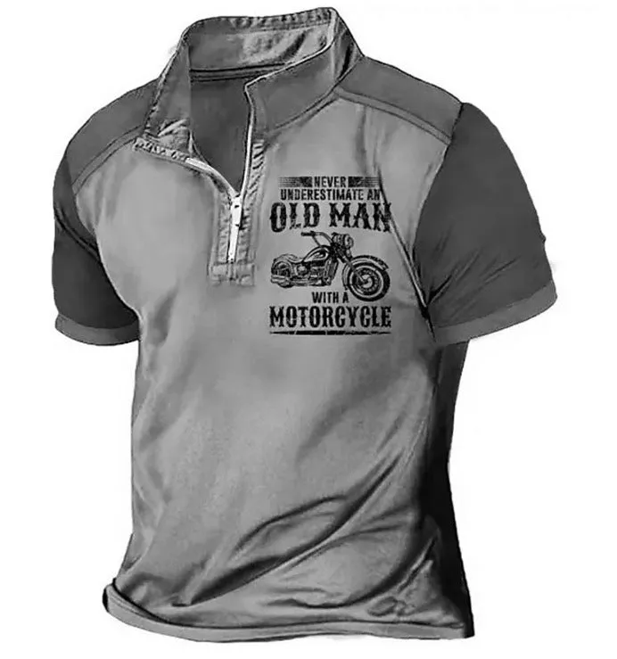 Men's casual polo shirt with lapel collar and black letter digital printing on chest.
