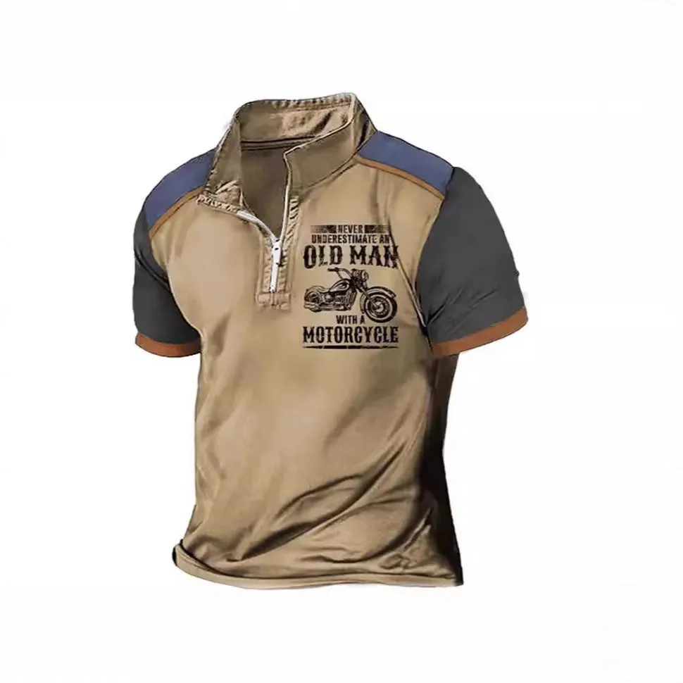 Men's casual polo shirt with lapel collar and black letter digital printing on chest.