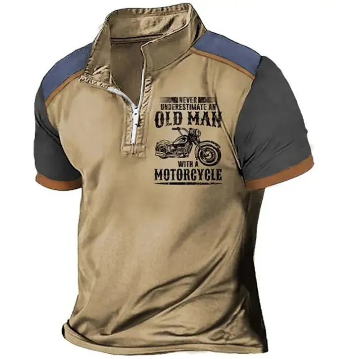 Men's casual polo shirt with lapel collar and black letter digital printing on chest.