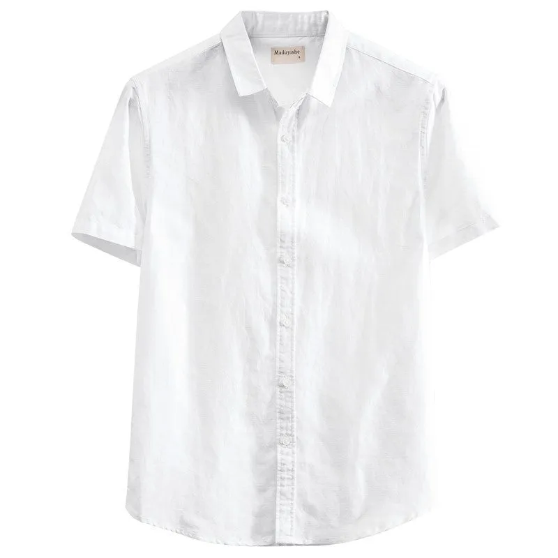 Man's casual short sleeve linen shirt with square collar in sapphire blue