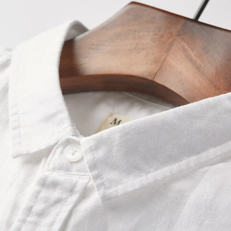 Man's casual short sleeve linen shirt with square collar in sapphire blue
