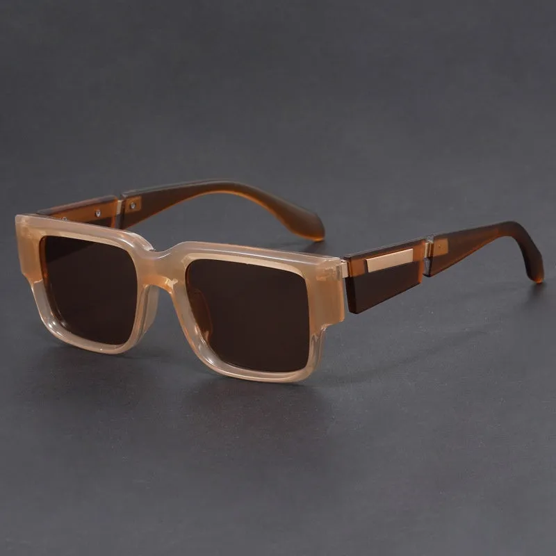 Retro square thick frame sunglasses with blue frame and gray blue lenses.