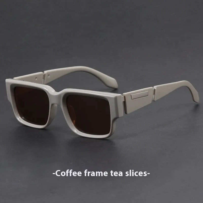Retro square thick frame sunglasses with blue frame and gray blue lenses.
