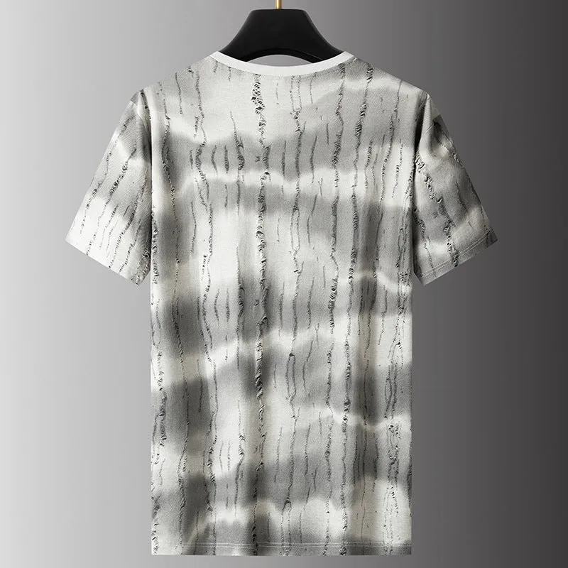 Men's grey plus size round neck t-shirt with short sleeves showing loose fit