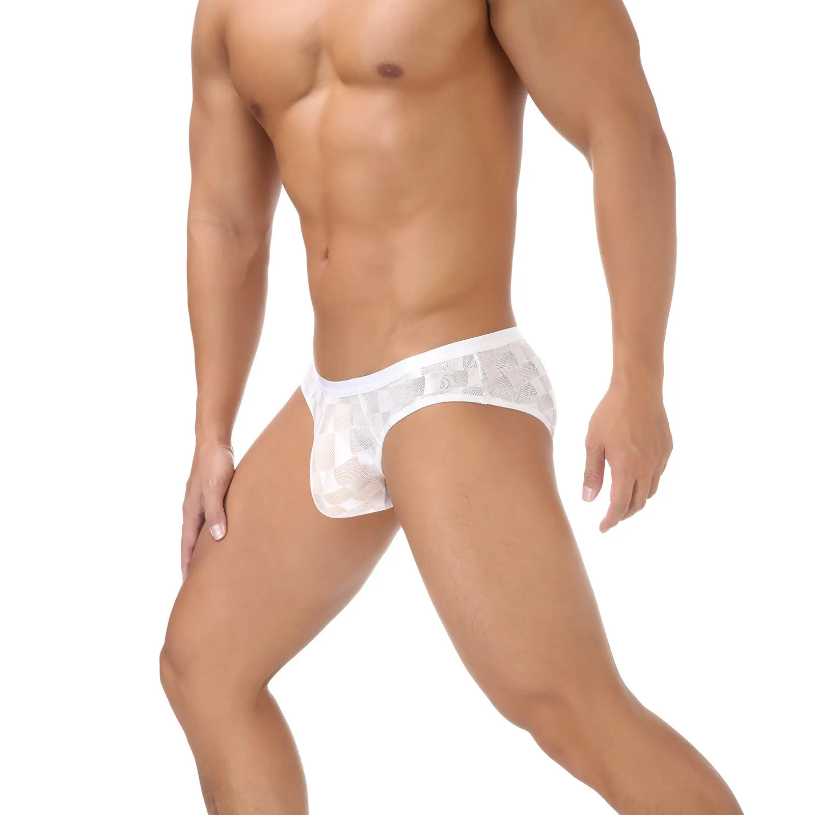 Men's black and white plaid mesh briefs with a U-convex design on a size chart.