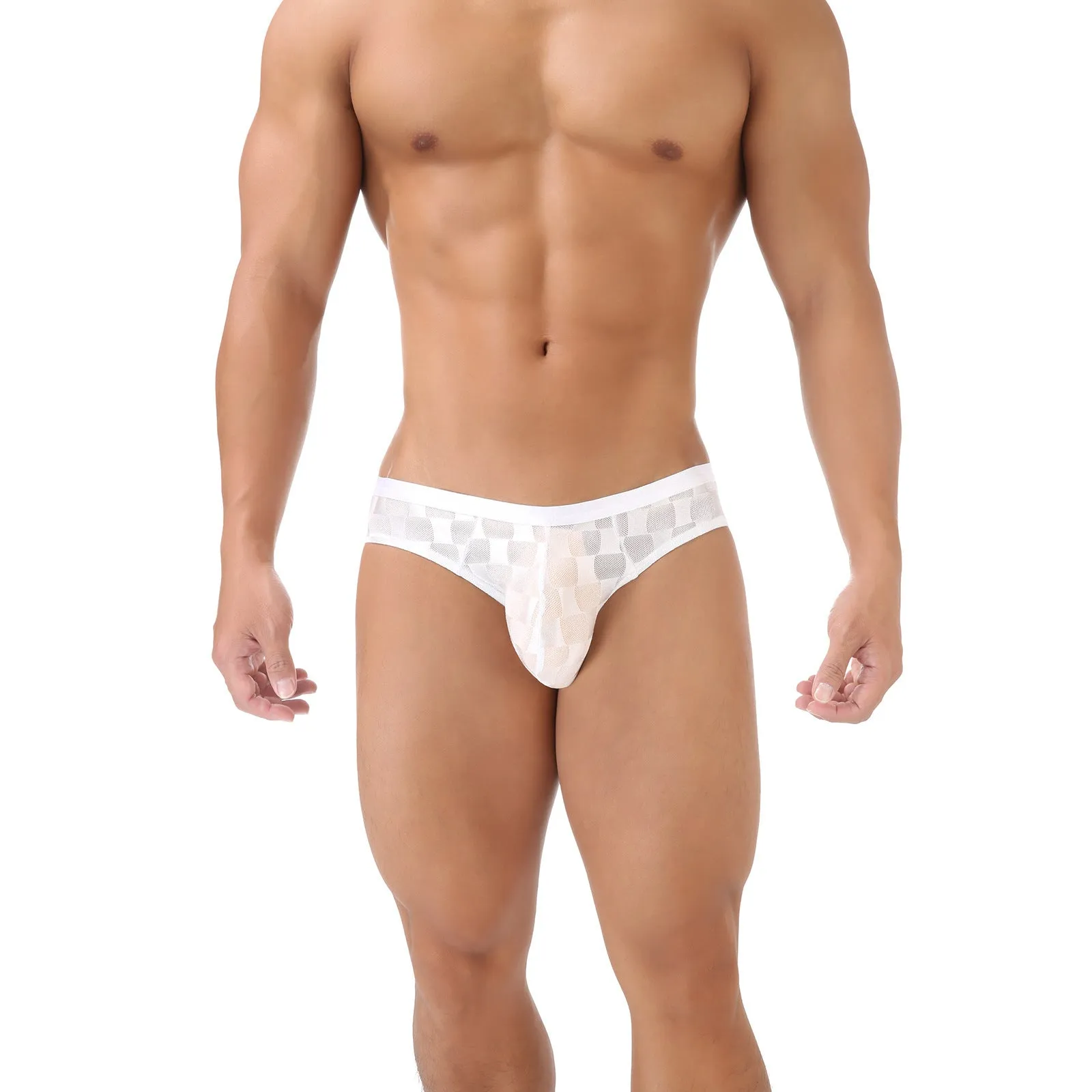 Men's black and white plaid mesh briefs with a U-convex design on a size chart.