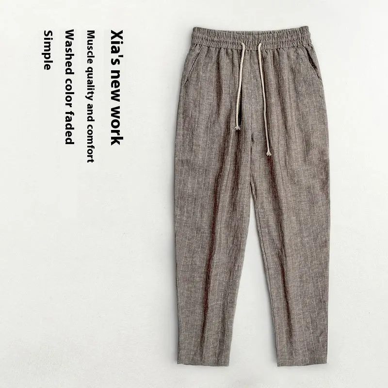 Men's striped cotton linen cropped trousers in four colour options on size chart