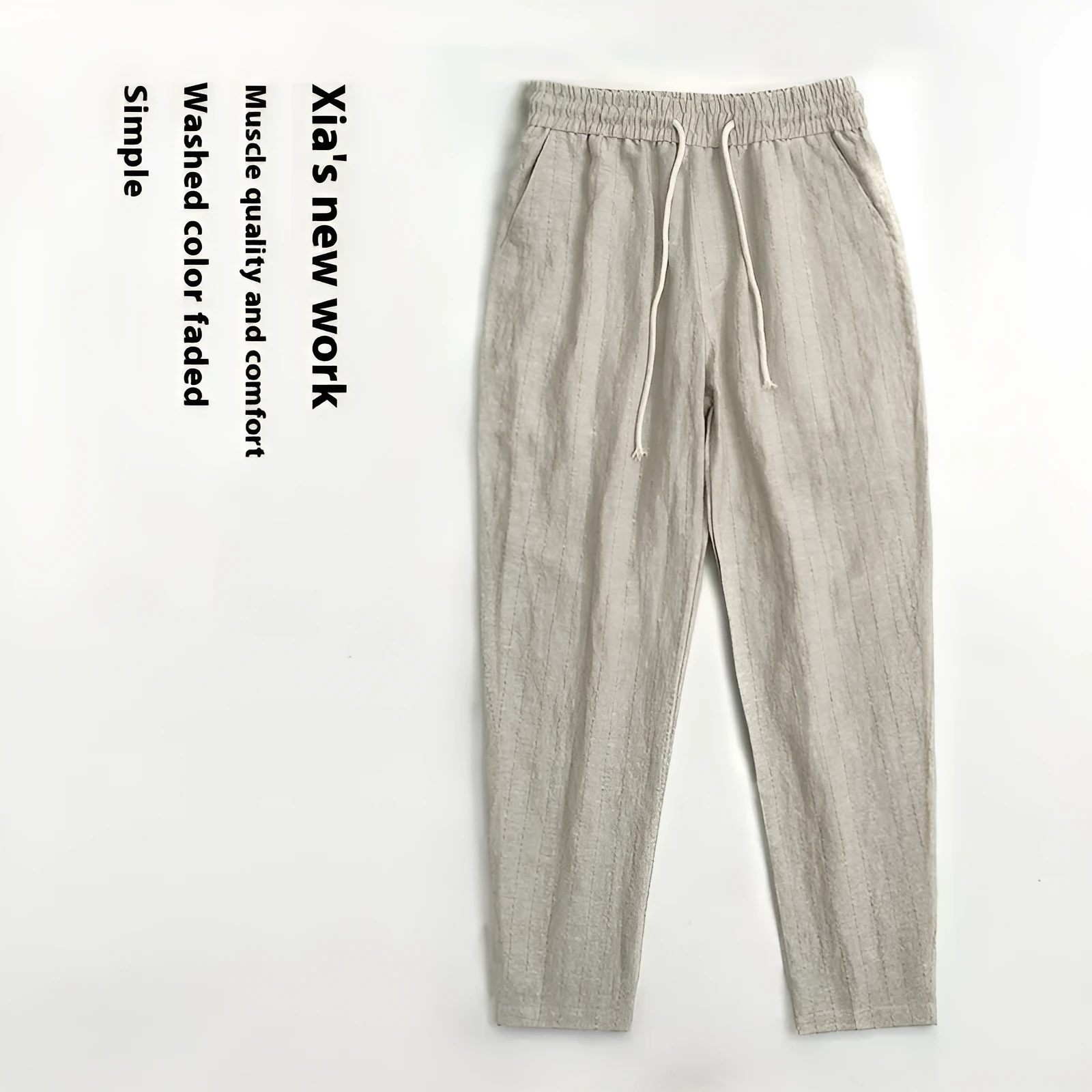 Men's striped cotton linen cropped trousers in four colour options on size chart