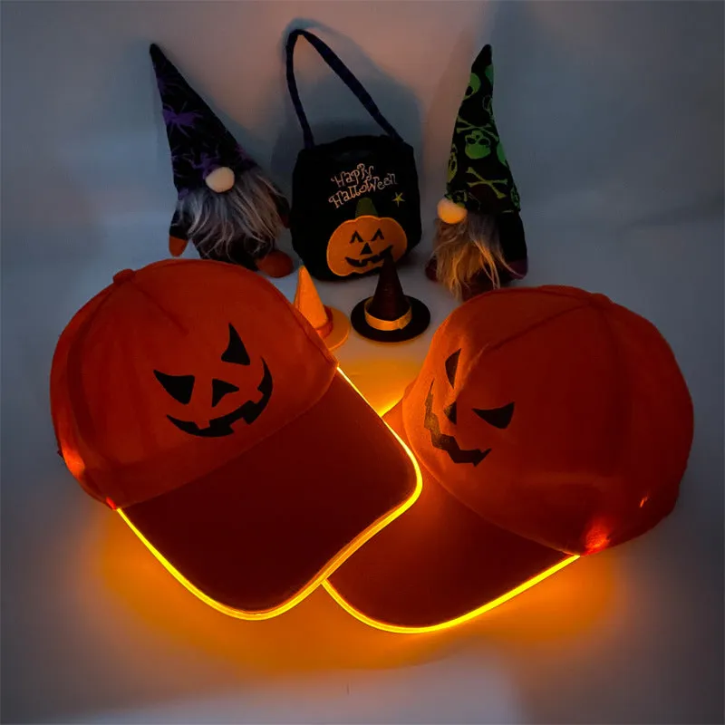 LED illuminated baseball cap for Halloween with pumpkin smile yellow light pattern