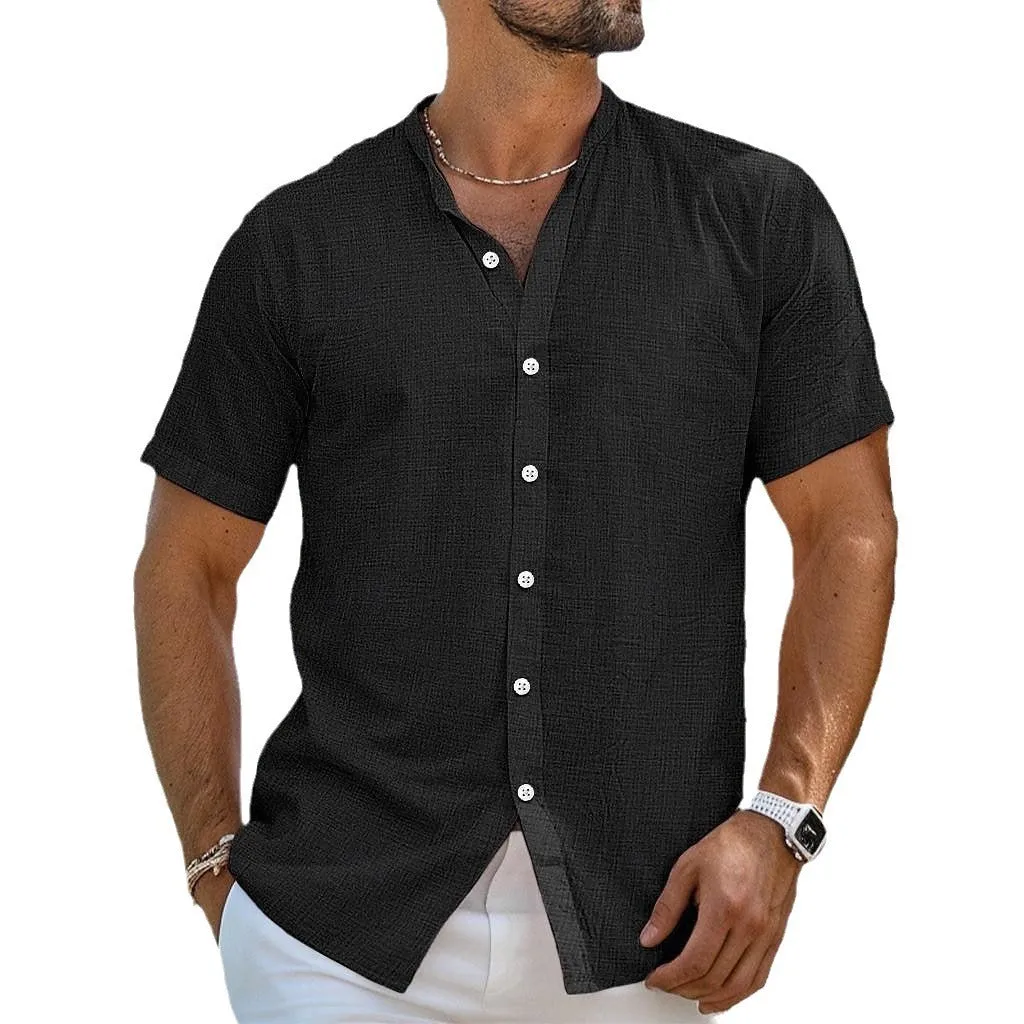 Men's light blue cotton linen blend cardigan with henry collar and short sleeves shown in loose fit