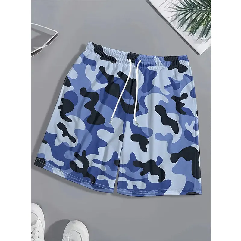 Men's printed polyester beach shorts on a model, showing elastic waistband and casual fit.