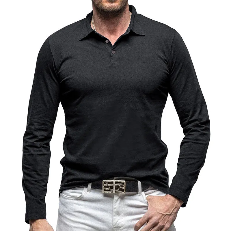 Men's long-sleeve cotton t-shirt with a polo collar in an army green colour, American retro style.