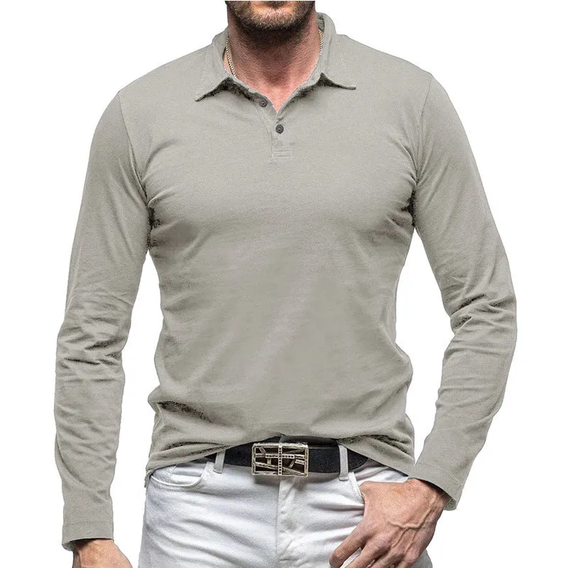 Men's long-sleeve cotton t-shirt with a polo collar in an army green colour, American retro style.