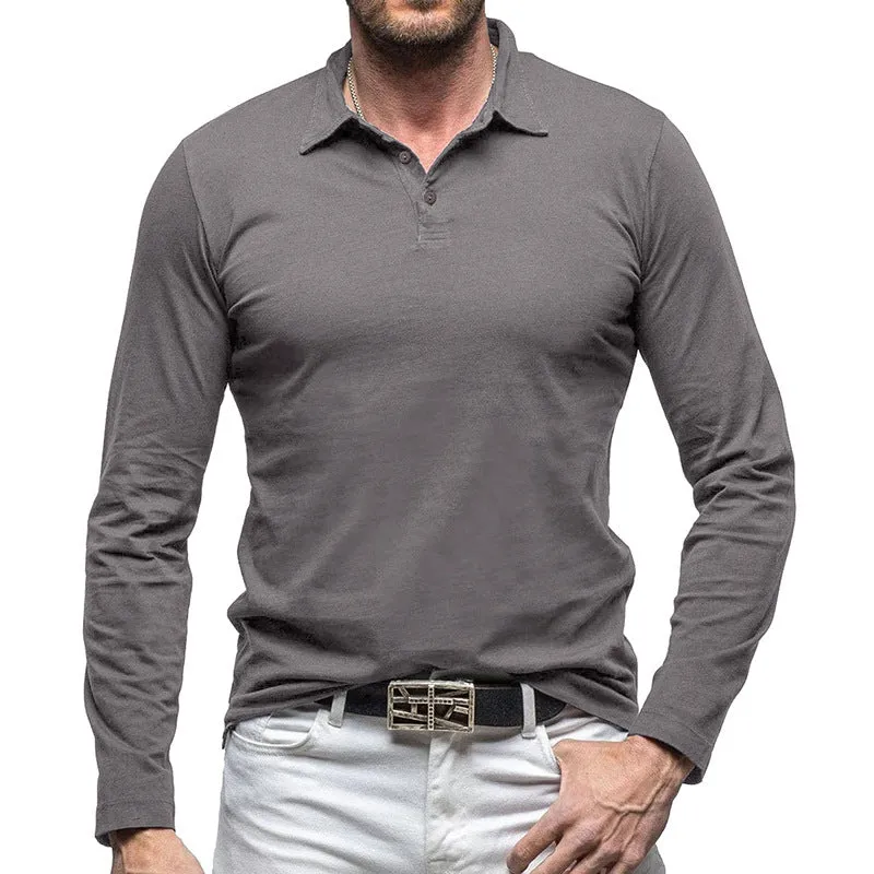Men's long-sleeve cotton t-shirt with a polo collar in an army green colour, American retro style.