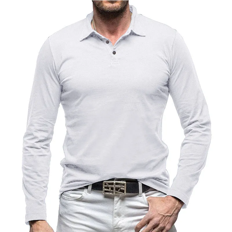 Men's long-sleeve cotton t-shirt with a polo collar in an army green colour, American retro style.