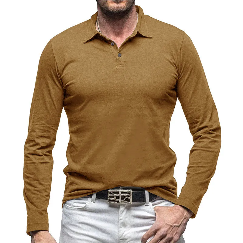 Men's long-sleeve cotton t-shirt with a polo collar in an army green colour, American retro style.