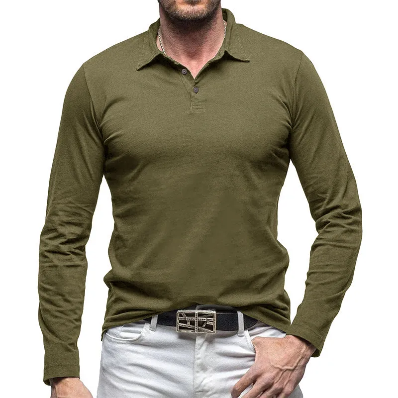 Men's long-sleeve cotton t-shirt with a polo collar in an army green colour, American retro style.