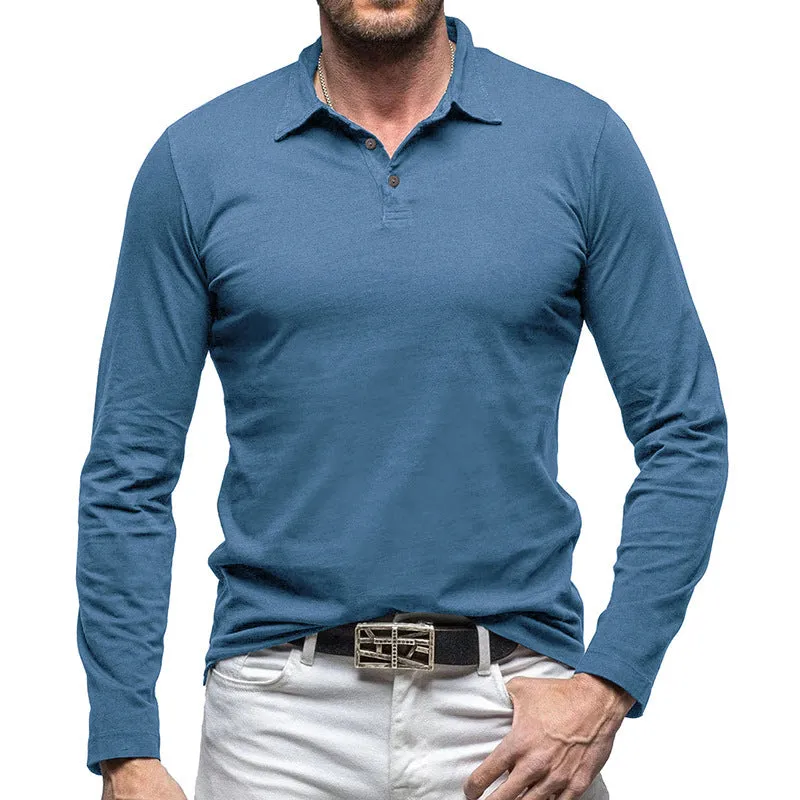 Men's long-sleeve cotton t-shirt with a polo collar in an army green colour, American retro style.