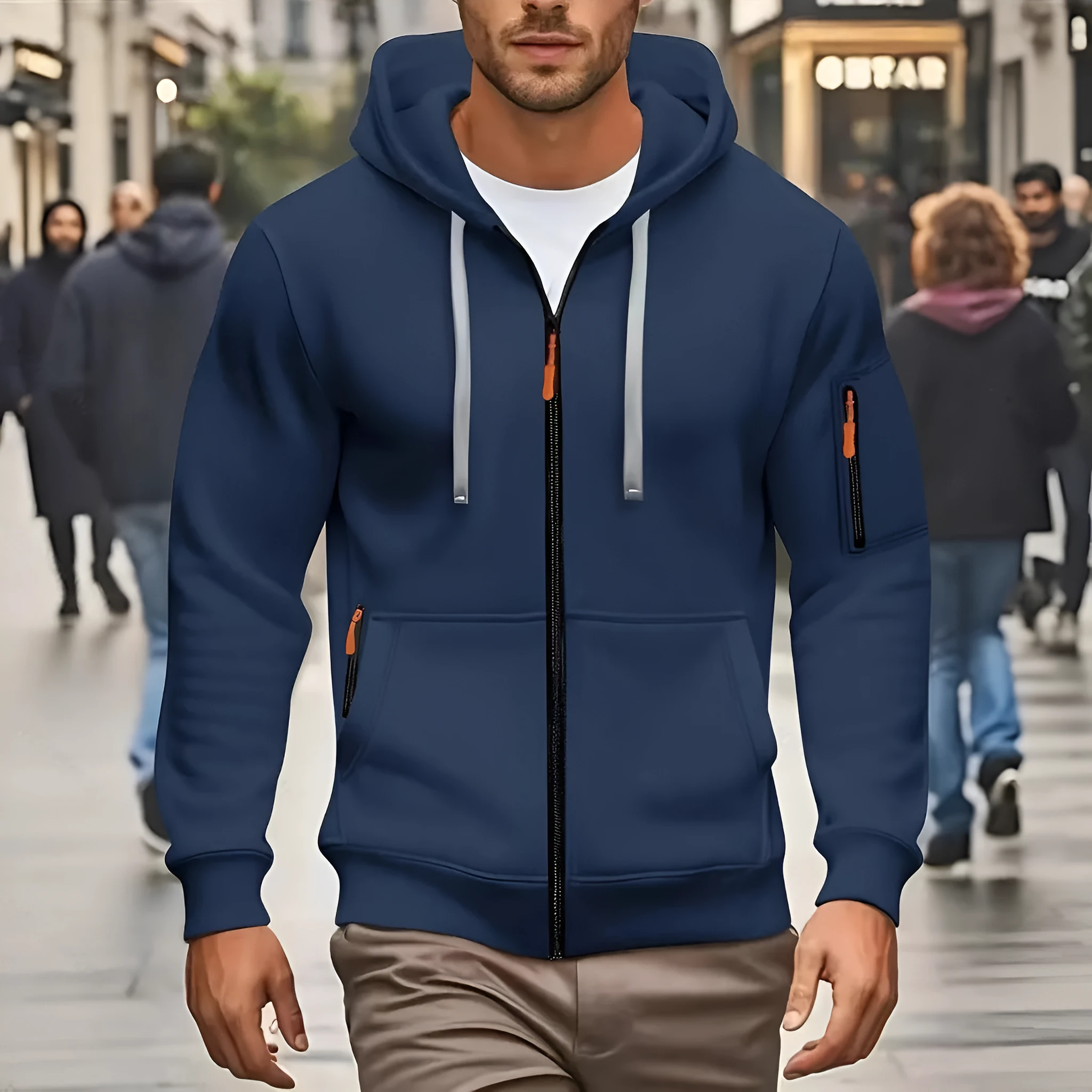 Men's zip-up hooded cardigan coat in Army Green colour with wool lining.