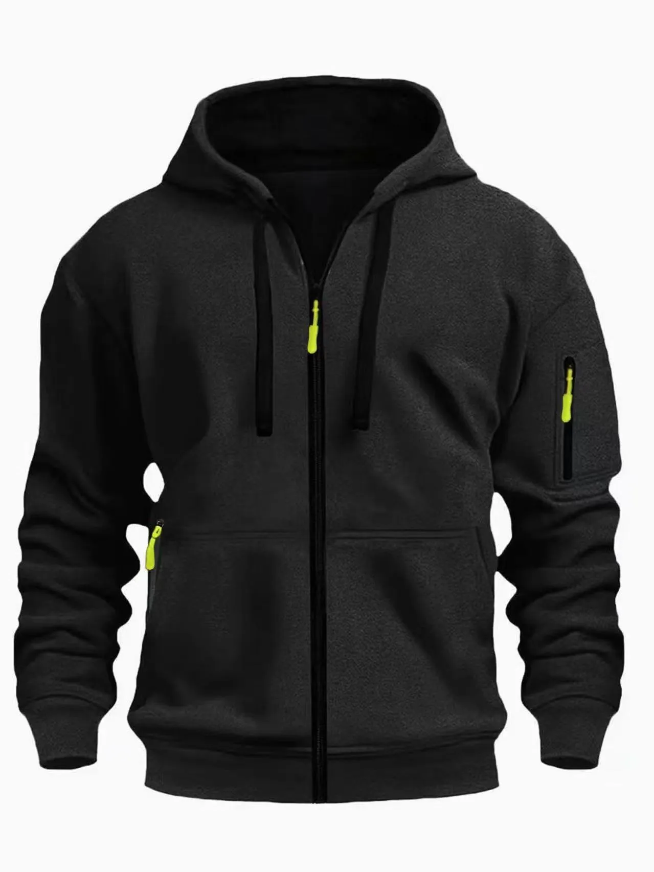 Men's zip-up hooded cardigan coat in Army Green colour with wool lining.