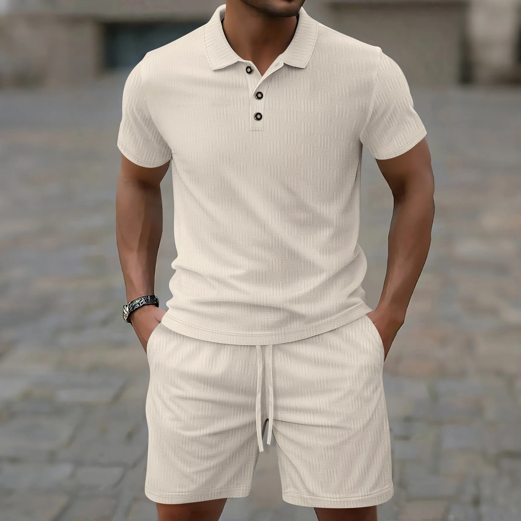 Men's jacquard short sleeve casual suit set with matching shorts in multiple colour options