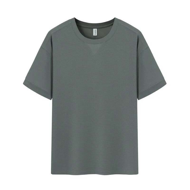 Men's dark grey heavy waffle texture short sleeve t-shirt on a hanger