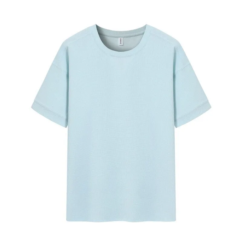 Men's dark grey heavy waffle texture short sleeve t-shirt on a hanger
