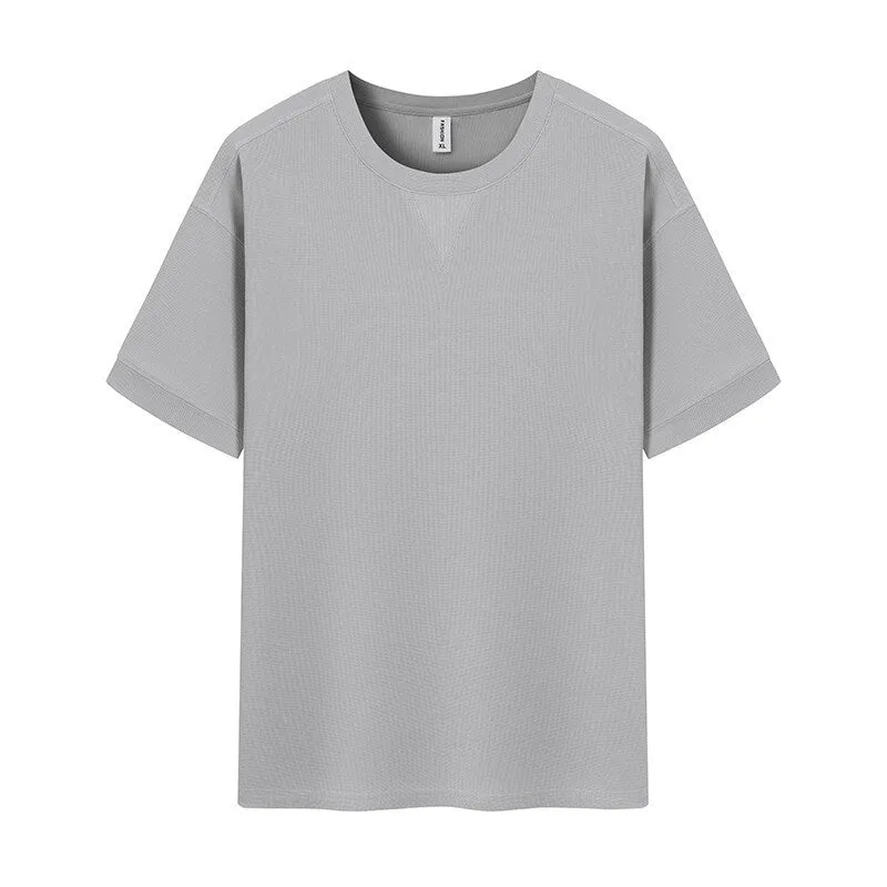 Men's dark grey heavy waffle texture short sleeve t-shirt on a hanger