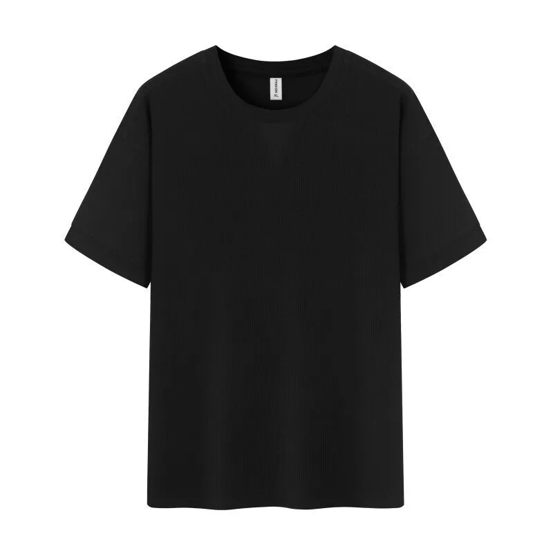 Men's dark grey heavy waffle texture short sleeve t-shirt on a hanger