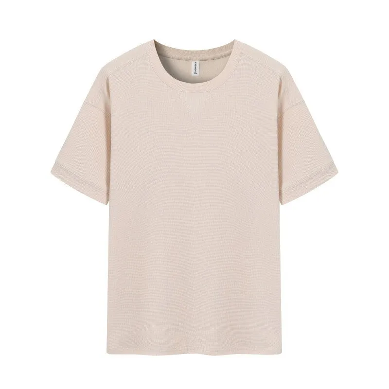 Men's dark grey heavy waffle texture short sleeve t-shirt on a hanger