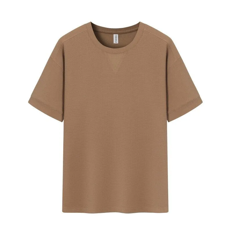 Men's dark grey heavy waffle texture short sleeve t-shirt on a hanger