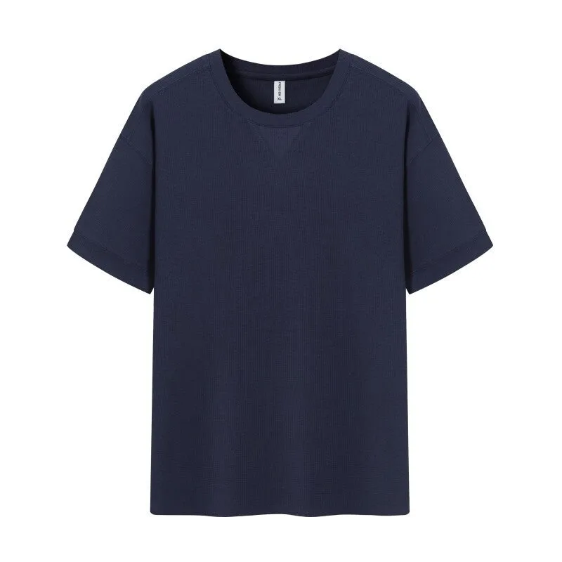 Men's dark grey heavy waffle texture short sleeve t-shirt on a hanger