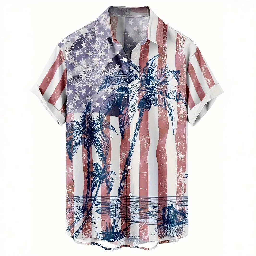 Men's 3D printed floral pattern short sleeve shirt in loose cardigan style with elastic polyester fabric