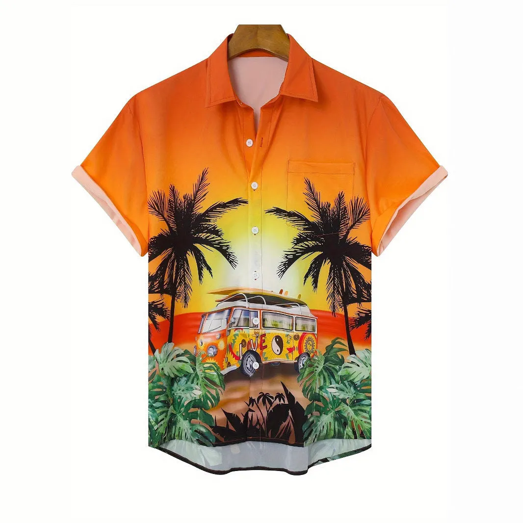 Men's 3D printed floral pattern short sleeve shirt in loose cardigan style with elastic polyester fabric