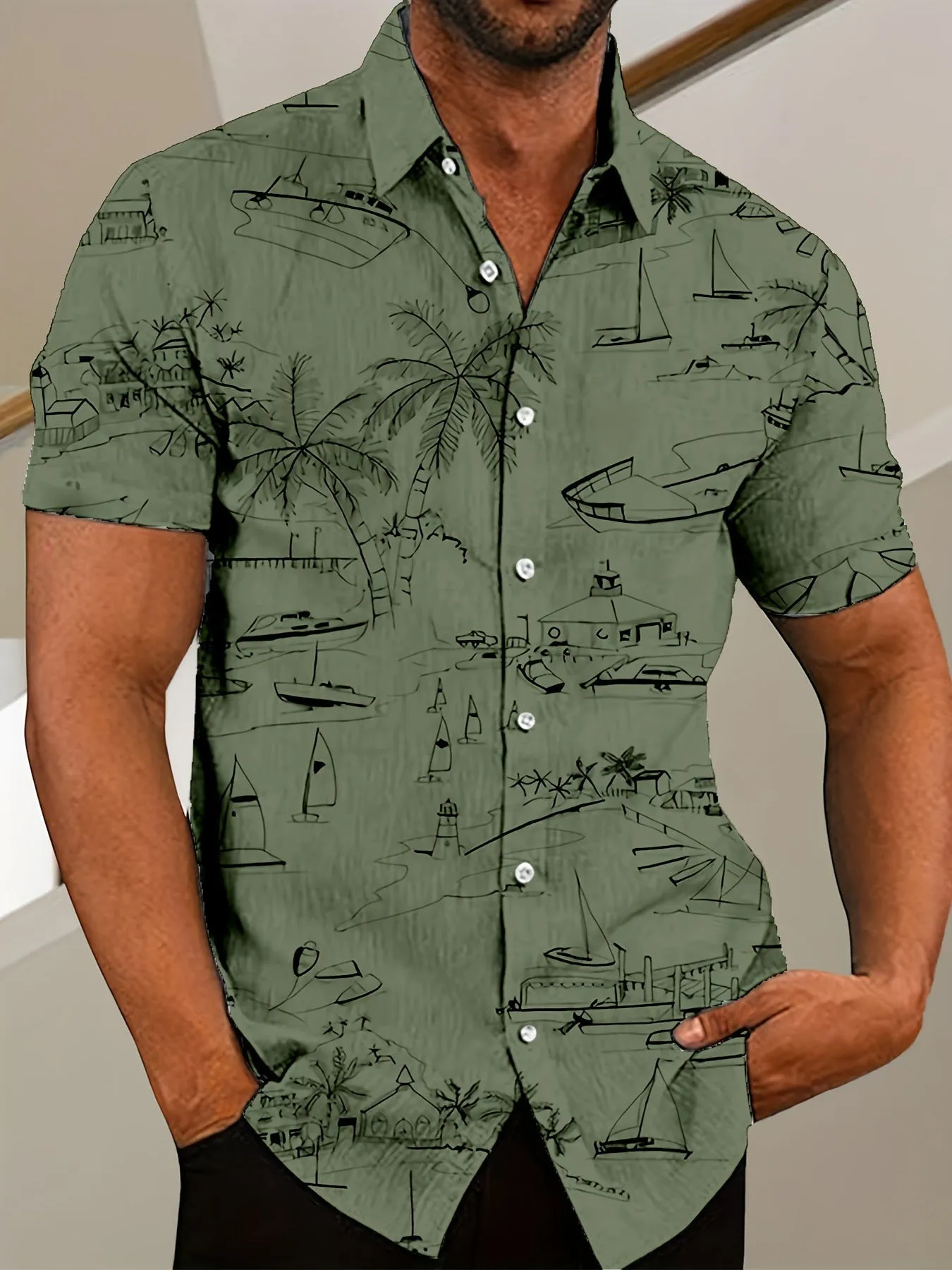 Men's 3D printed floral pattern short sleeve shirt in loose cardigan style with elastic polyester fabric