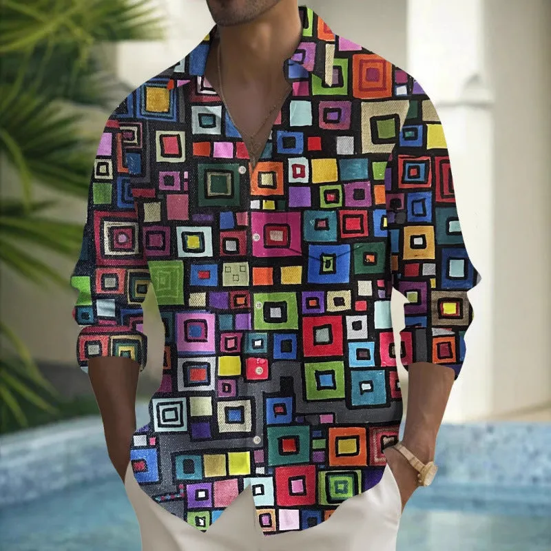 Man wearing a multi-colour geometric patterned long sleeve cardigan shirt for casual leisurewear.