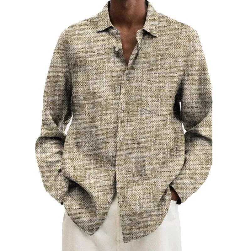 Man wearing a multi-colour geometric patterned long sleeve cardigan shirt for casual leisurewear.