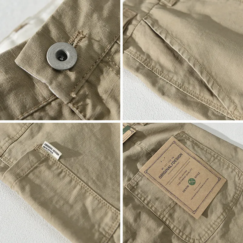 Men's straight fit cotton workwear trousers in apricot, brown, and army green colours