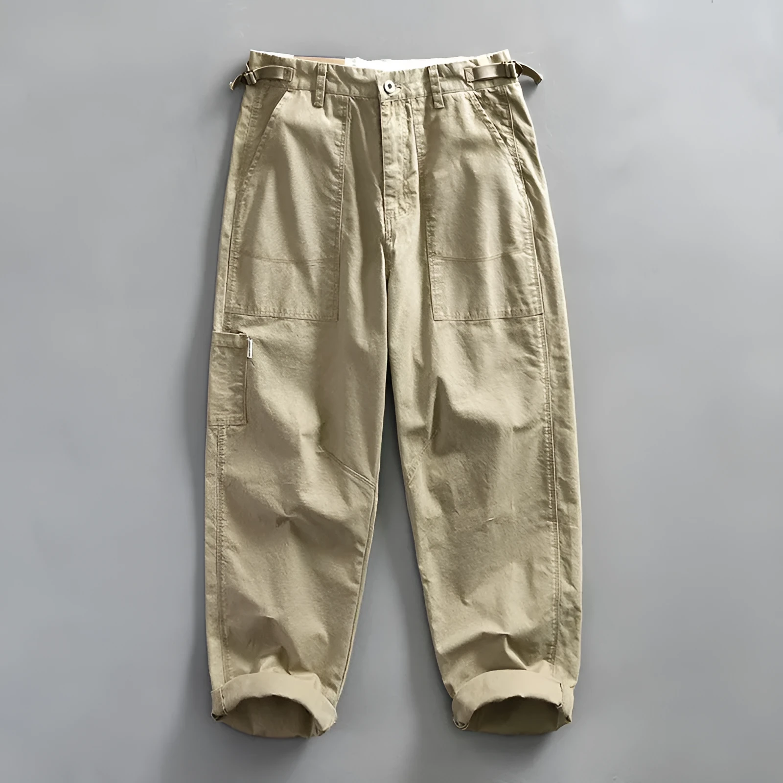 Men's straight fit cotton workwear trousers in apricot, brown, and army green colours