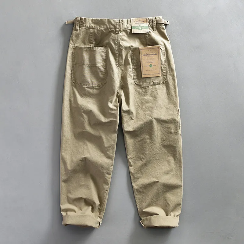 Men's straight fit cotton workwear trousers in apricot, brown, and army green colours