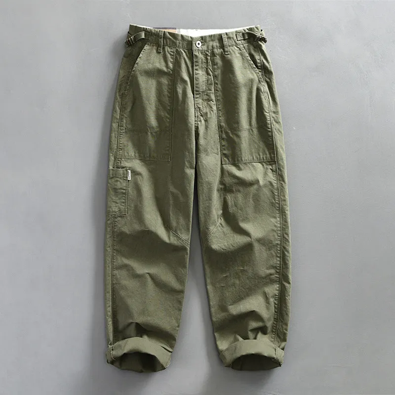 Men's straight fit cotton workwear trousers in apricot, brown, and army green colours