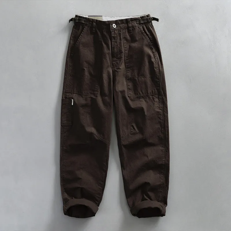 Men's straight fit cotton workwear trousers in apricot, brown, and army green colours