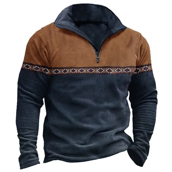 Retro patchwork design polo shirt with zip front in cotton blend fabric.