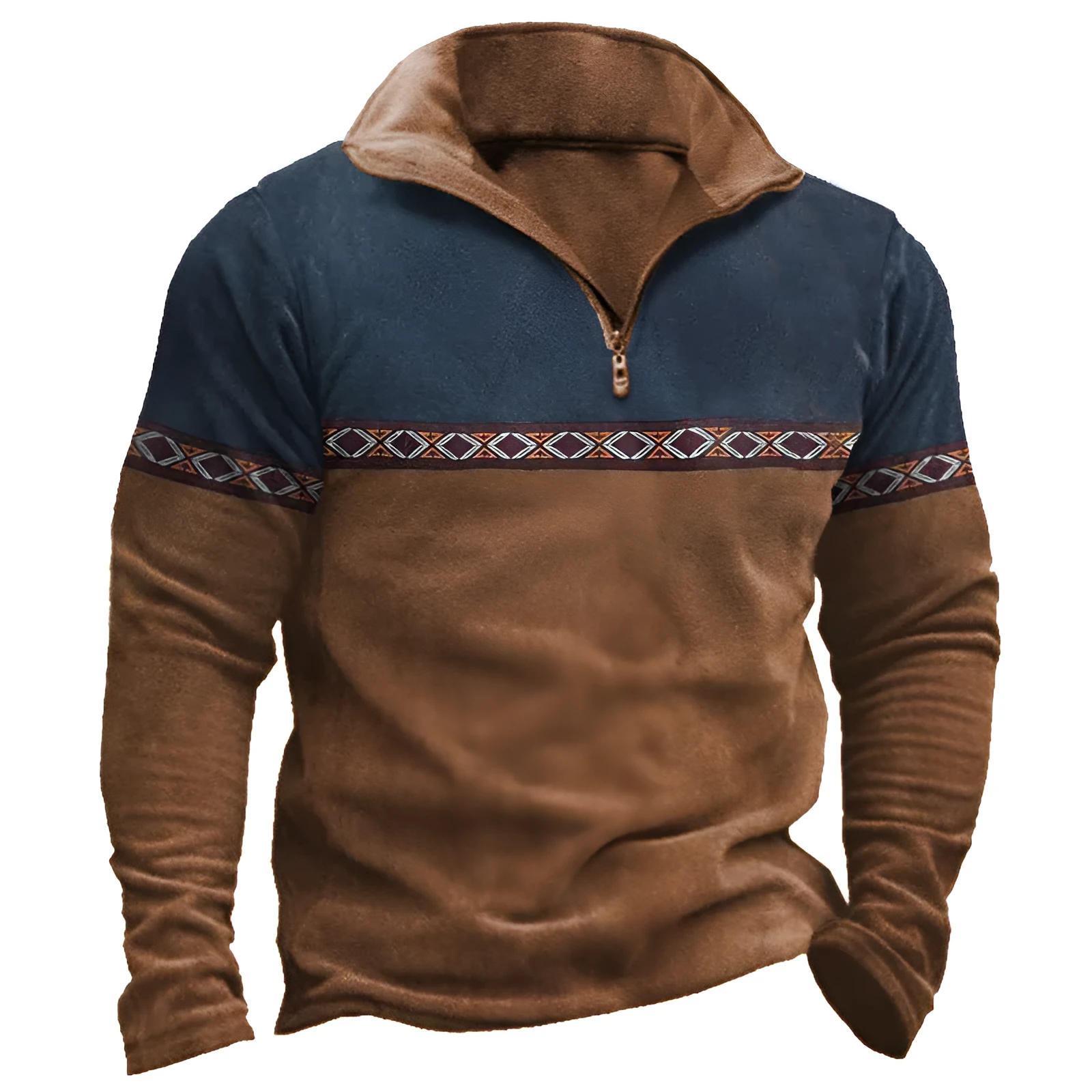 Retro patchwork design polo shirt with zip front in cotton blend fabric.