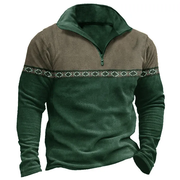 Retro patchwork design polo shirt with zip front in cotton blend fabric.