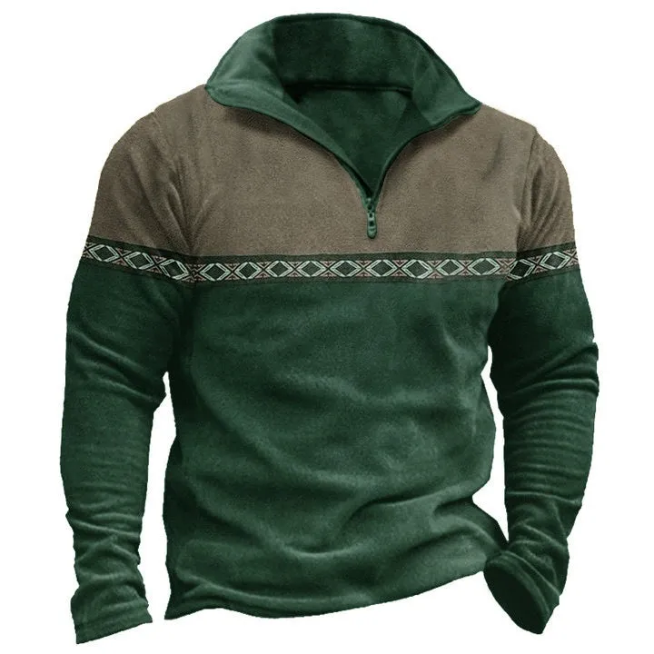 Retro patchwork design polo shirt with zip front in cotton blend fabric.