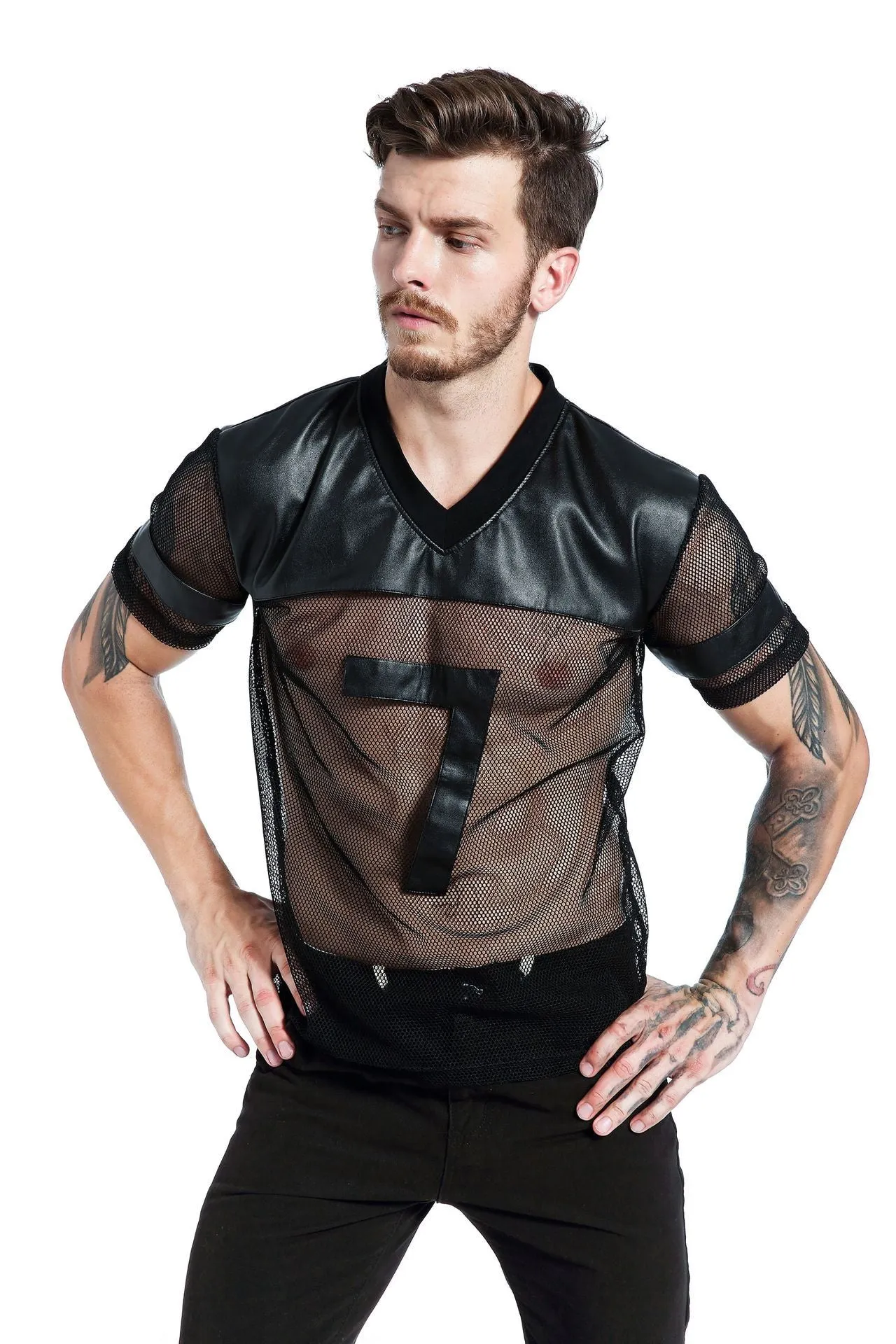 Black men's polyester mesh sports T-shirt with V-neck design and short sleeves