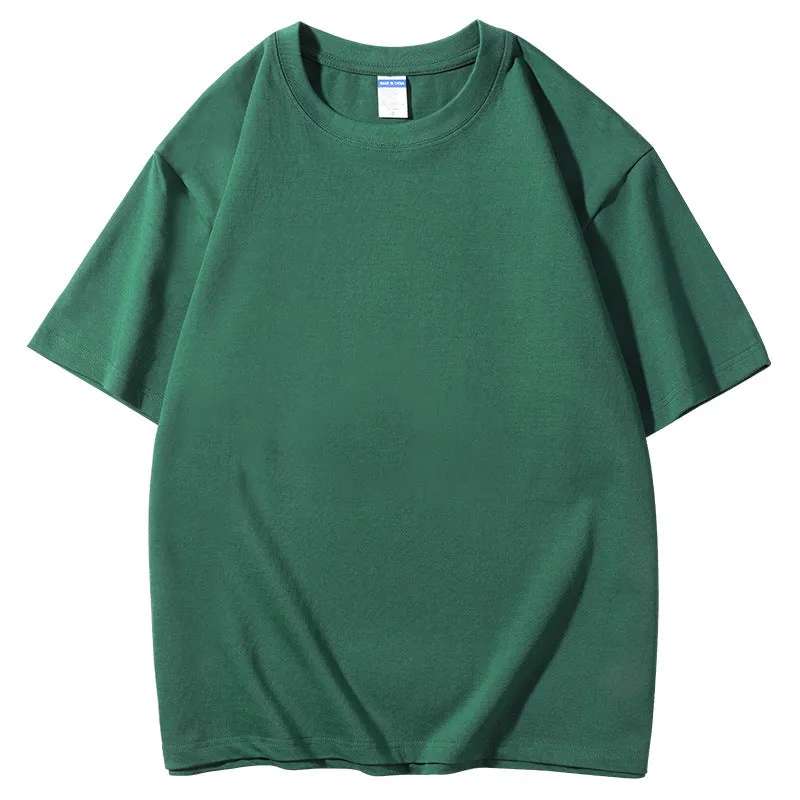 Men's loose fit round neck cotton T-shirt in various colours including apricot, black, and jungle green.